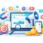 Digital marketing illustration showing SEO, content marketing, social media, paid ads, and analytics in a modern infographic style