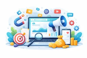 Digital marketing illustration showing SEO, content marketing, social media, paid ads, and analytics in a modern infographic style