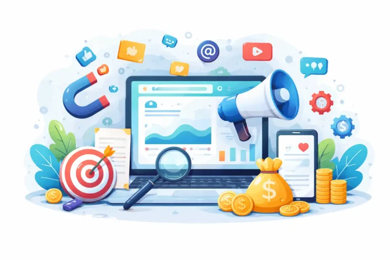 Digital marketing illustration showing SEO, content marketing, social media, paid ads, and analytics in a modern infographic style